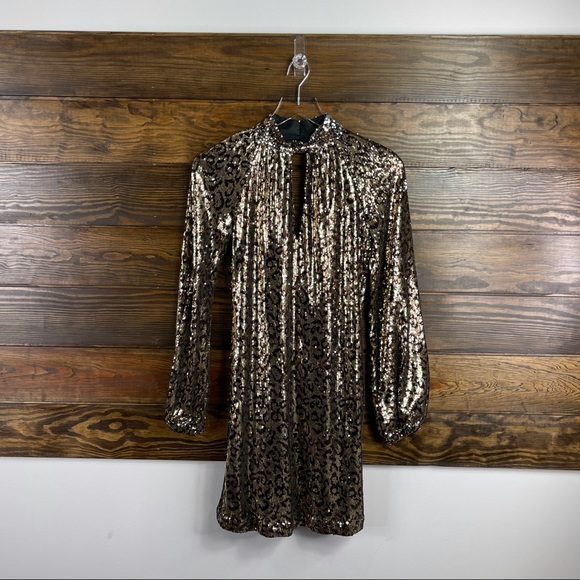 Milly Emily Leopard Sequin Mock-Neck Blouson-Sleeve Shift Dress New Size 0 - Picture 2 of 7
